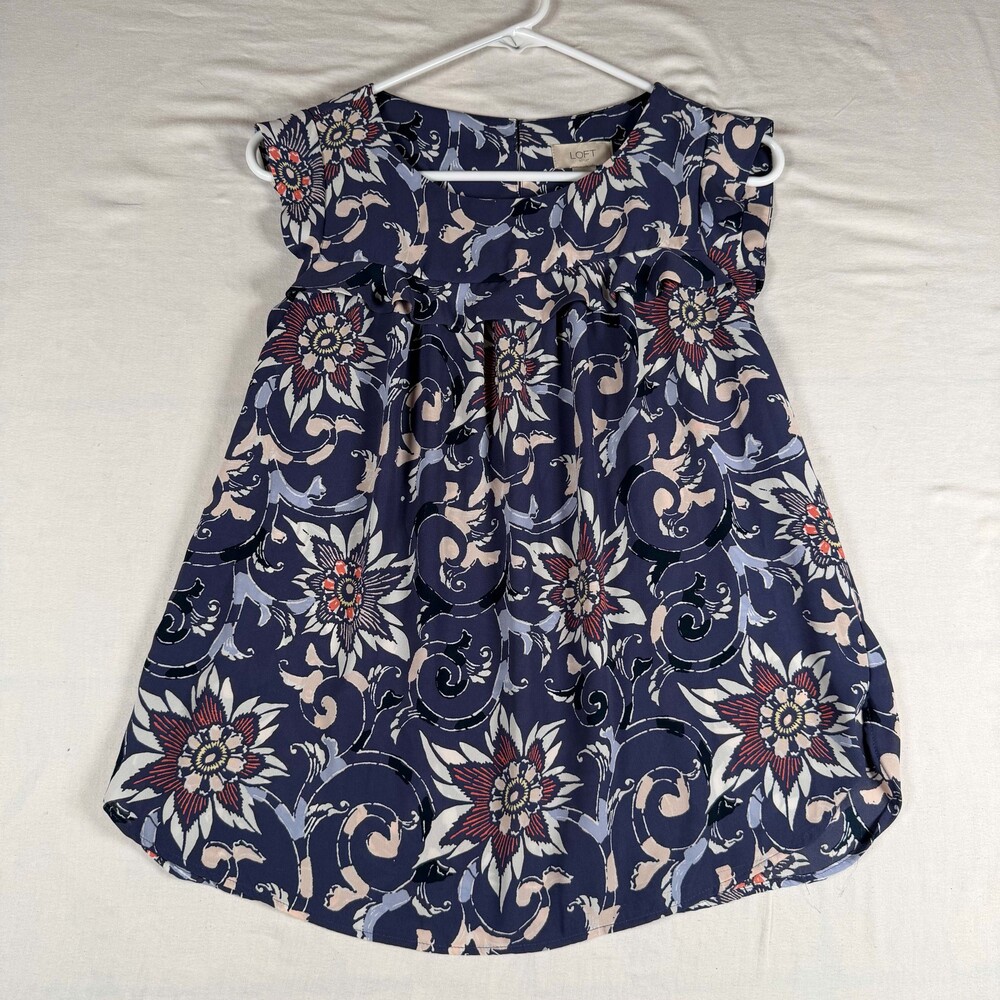 LOFT Outlet Navy Floral Ruffle Sleeveless Blouse Womens Small Top Business Casua